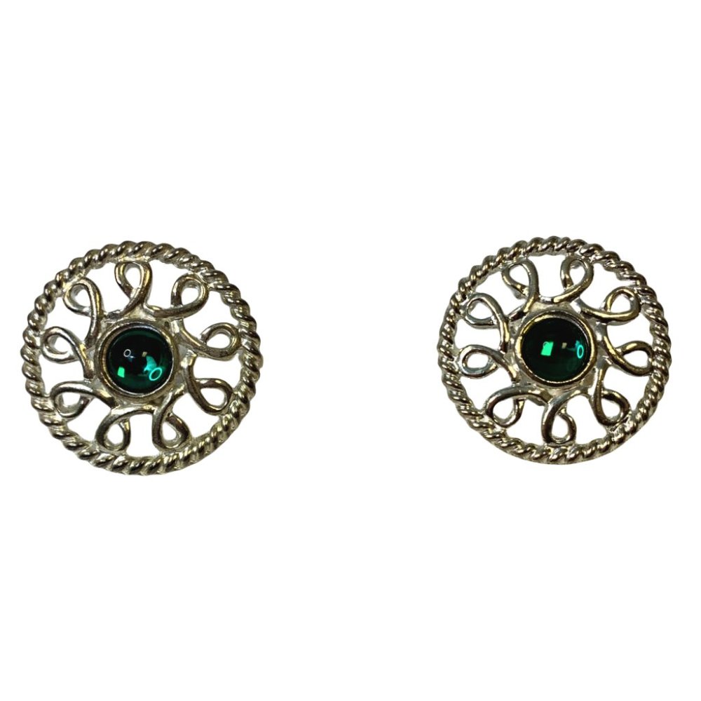 Guy Laroche Silver Wagon Wheel Green Cabochon Earrings